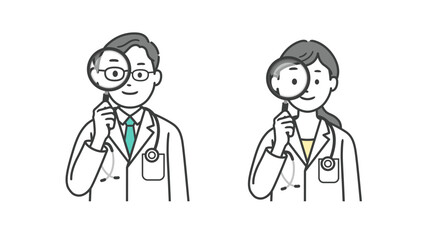 Fototapeta premium 虫眼鏡を持つ医師男女の上半身イラスト 