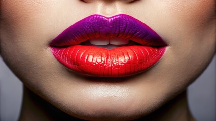 Fototapeta premium A striking close-up of lively lips highlighted by daring lipstick hues, exemplifying the art of beauty and cosmetic expression in vibrant detail.