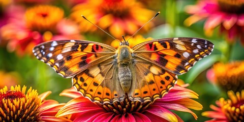 Obraz premium A stunning Painted Lady Butterfly, Vanessa cardui, flutters gracefully on a vibrant flower, perfectly poised in a lush, colorful garden teeming with natural beauty.