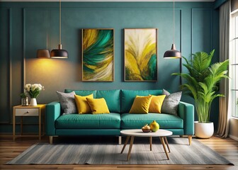 A stylish modern living room features a dark turquoise sofa adorned with vibrant yellow pillows, complemented by striking abstract wall art that enhances the overall decor.