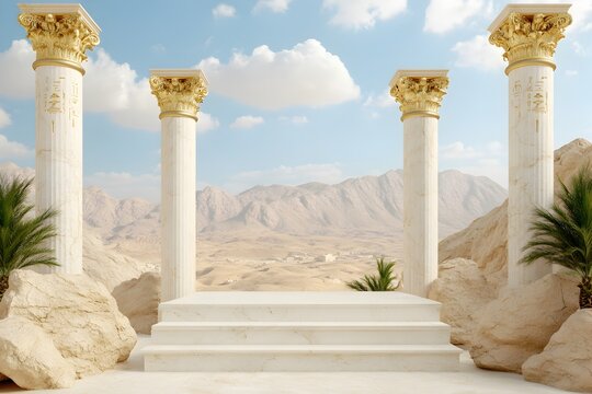 Gilded Ancient Egyptian Hieroglyphic Podium in Majestic Desert Oasis Landscape for Beauty Elixir Presentation