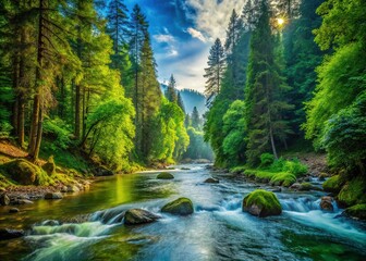 Obraz premium A tranquil river winds through a verdant forest, flanked by towering trees and vibrant flora, creating a peaceful oasis in nature's embrace.