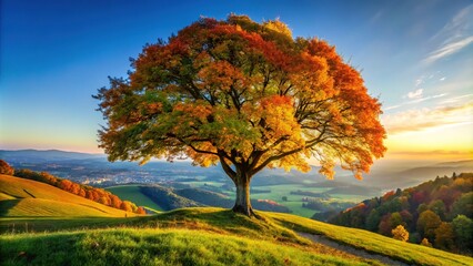 A tranquil tree on a hill provides a stunning view over a vibrant landscape, with a clear sky above and lush greenery sprawled below.