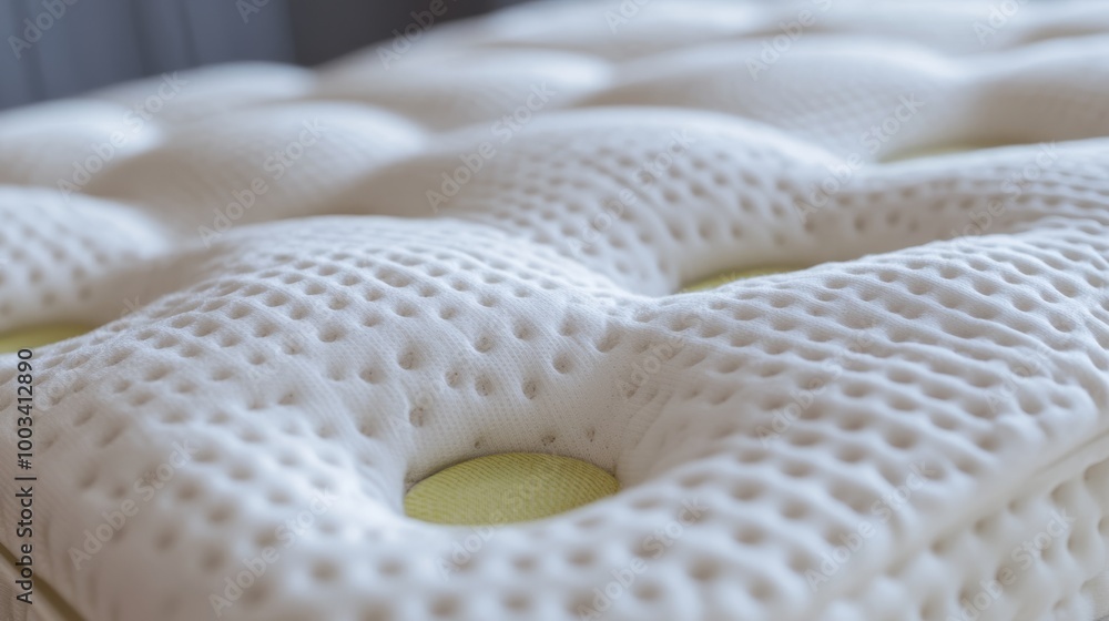 Poster a close-up of a textured, white mattress with an intricate pattern, showcasing its comfort and suppo