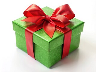 Obraz premium A vibrant green Christmas gift box, elegantly tied with a cheerful red ribbon and bow, perfect for holiday celebrations and festive surprises. Spread joy this season!