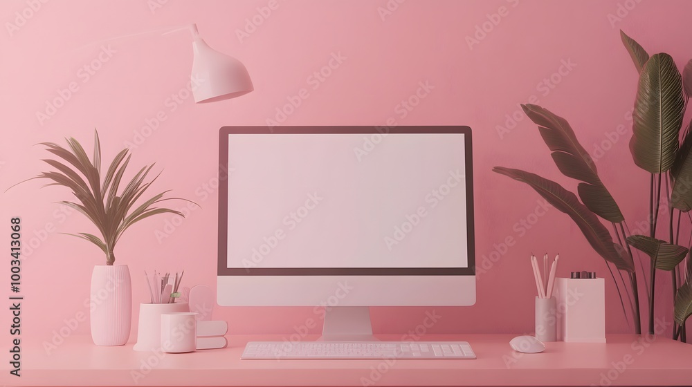 Poster 3d minimal desktop with blank screen mockup, empty screen for text, and logo replacement concept. 3d