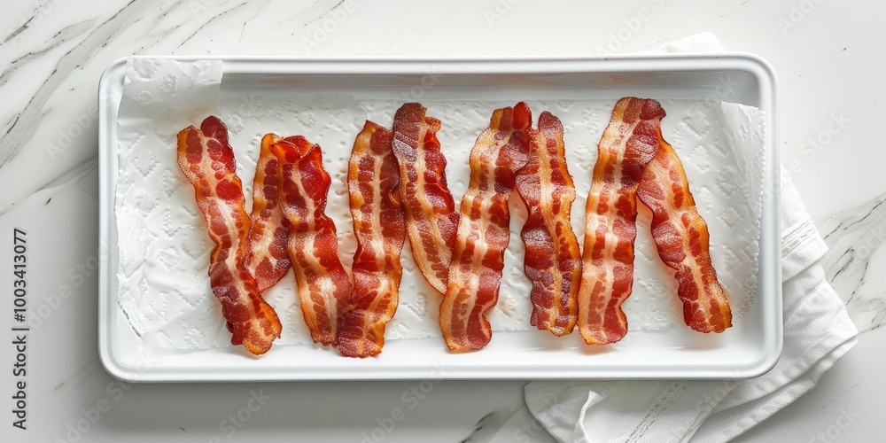 Poster sliced bacon laid out in a flat presentation on a light-colored tray with a paper towel.