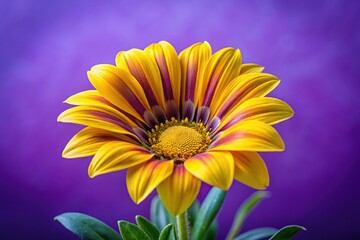 Obraz premium A vibrant yellow Gazania flower blooms gracefully, contrasting beautifully against a soft purple backdrop, perfectly embodying the essence of spring's blossoming season.