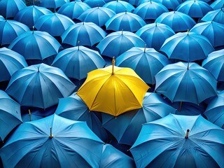 A vibrant yellow umbrella captures attention amid a sea of blue umbrellas, offering a striking contrast against the rain-soaked backdrop of gloomy weather.