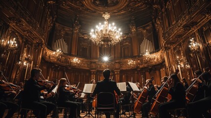 Obraz premium An orchestra performs in a grand hall with a chandelier overhead.
