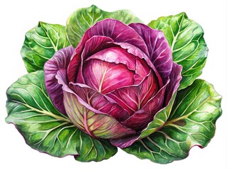 Obraz premium A vivid watercolor sketch of red cabbage showcasing its nutritional benefits while highlighting its bright colors and rich textures, inviting healthy culinary inspiration and appreciation.