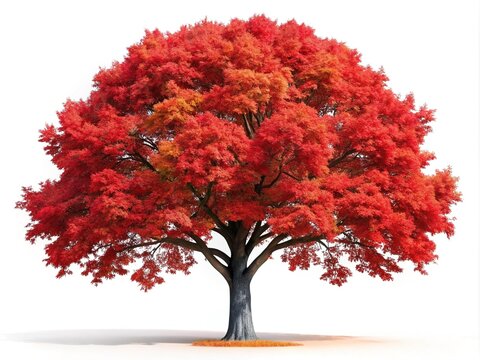 A vivid red oak tree viewed from the front, highlighting its intricate leaves and textured trunk, all rendered in a transparent PNG format.