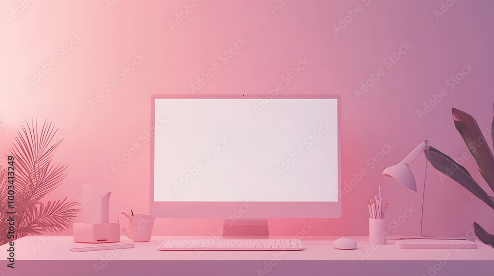 Poster 3d minimal desktop with blank screen mockup, empty screen for text, and logo replacement concept. 3d