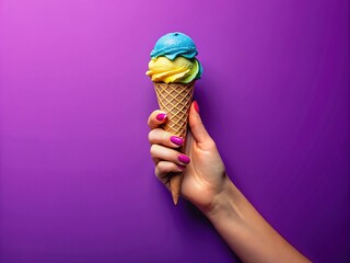 A woman's hand gracefully holds a colorful ice cream cone, set against a vivid purple background, offering ample space for text or branding.