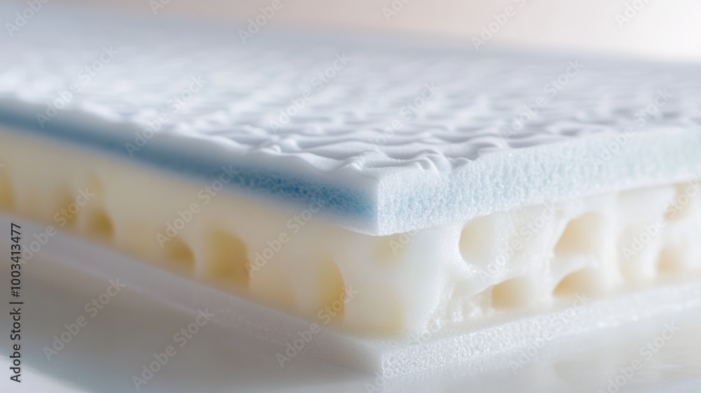 Poster a close-up view of a layered foam mattress showcasing its texture and design, emphasizing comfort an
