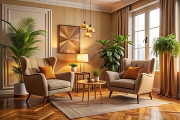 An elegant beige room showcases two chic armchairs, creating a cozy, inviting atmosphere perfect for relaxation and stylish gatherings, enveloped in warmth and sophistication.
