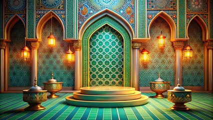 Obraz premium An elegant Islamic backdrop with a podium, perfect for presentations and events, set within a culturally rich environment, enhancing the atmosphere of any gathering.