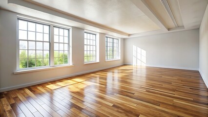 Fototapeta premium An empty room features a white mortar wall backdrop and a wood laminate floor, ideal for a variety of purposes and creative endeavors.