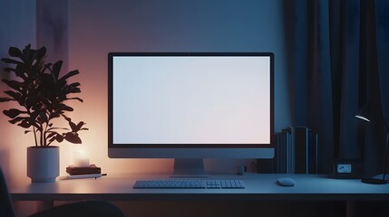 Fototapeta premium 3D Minimal desktop with blank screen mockup, Empty screen for text, and logo replacement concept. 3d render illustration. 