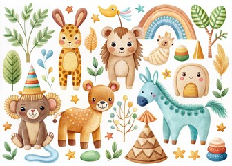 Naklejka premium Boho baby clipart featuring adorable animal toys, perfect for kids' bedroom decor and enhancing Montessori learning environments with charming and playful designs. Ideal for creative projects!