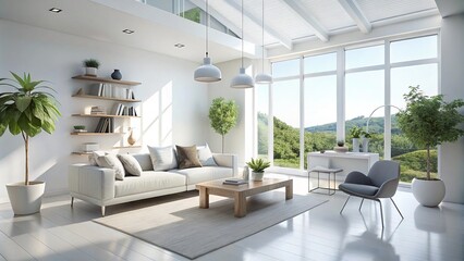 Fototapeta premium Bright, minimalist white room featuring clean walls infused with natural light, ideal for modern interior design inspiration and creating a serene, open atmosphere.