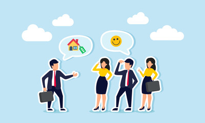 A businessman explains property prices to employees, who understand it as a positive concept with a smiling emoticon, illustrating training on real estate valuation.
