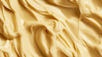 a close-up, top-down view of pili nut paste spread across the frame, filling the image with its creamy beige color and rich, velvety texture