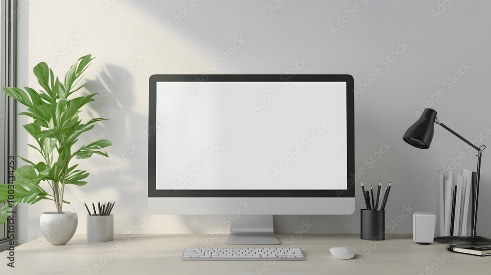 Poster 3d minimal desktop with blank screen mockup, empty screen for text, and logo replacement concept. 3d