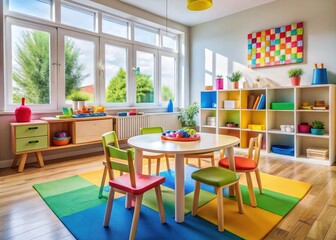 Colorful and welcoming playroom with a table and chairs, designed for imaginative learning and playful fun, fostering creativity and social interaction for children.