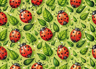 Naklejka premium Colorful ladybugs create a seamless vector pattern perfect for nature-inspired textiles, gift wrap, and summer decor. Ideal for adding charm and whimsy to your designs.