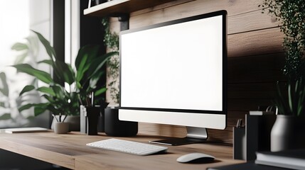 Fototapeta premium 3D Minimal desktop with blank screen mockup, Empty screen for text, and logo replacement concept. 3d render illustration. 