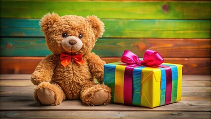 Cuddly teddy bear next to a vibrant gift box makes an ideal present for Valentine&acirc;&euro;&trade;s Day or birthdays, spreading joy and love on special occasions.