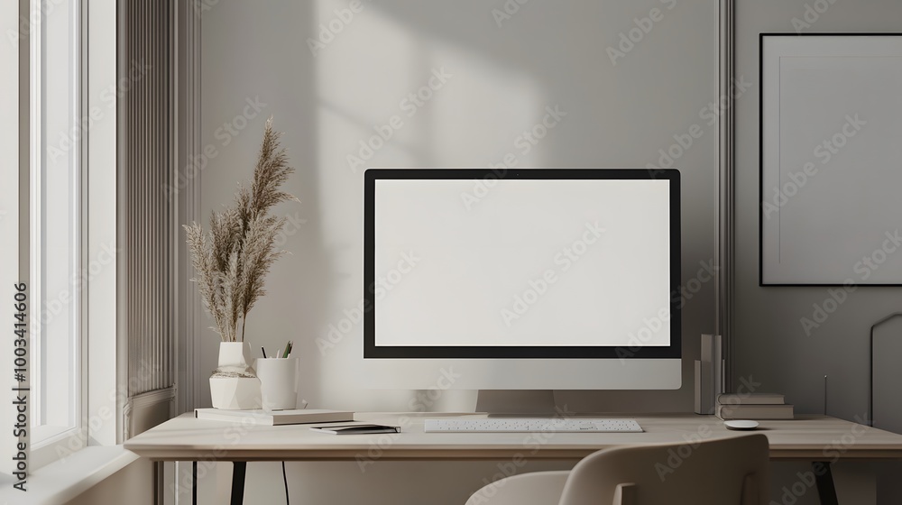 Poster 3d minimal desktop with blank screen mockup, empty screen for text, and logo replacement concept. 3d