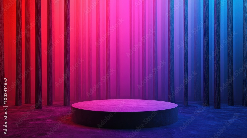 Poster colorful abstract background with glowing columns and a round platform.
