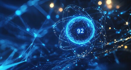 A blue background with glowing lights and an abstract representation of the universe