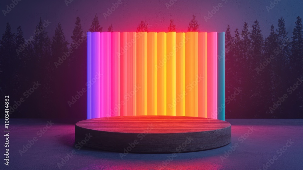 Poster colorful neon light display in a dark setting with a circular platform.