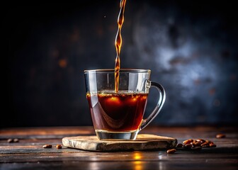 Fototapeta premium Experience the mesmerizing slow-motion pour of rich Americano black coffee into a glass, captured in stunning 4K vertical video, highlighting every drop and swirl.