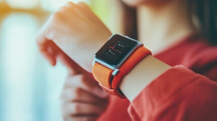 Show someone using wearable health tech, such as a glucose monitor or heart rate tracker, to manage their health. 