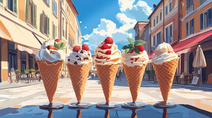 Gelato cones, variety of flavors, served in crispy wafers, quaint italian gelateria with a view of a bustling piazza. Italian Piazza. Illustration