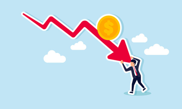 A businessman holding back a red arrow with a dollar coin, illustrating the saturation point of dollar valuation or efforts to prevent the dollar trend from becoming too negative.