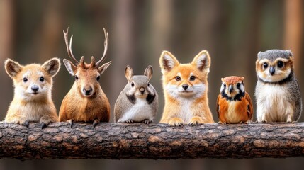 Obraz premium Diverse Mammals on a Log in Nature Setting
