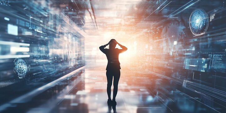 A business professional stands in the center of an abstract