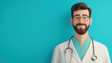 Fototapeta premium Friendly doctor with glasses and stethoscope, smiling against a blue background.
