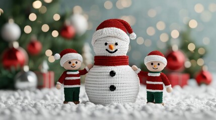 Knitted Christmas snowman with cheerful children, festive background, holiday spirit.