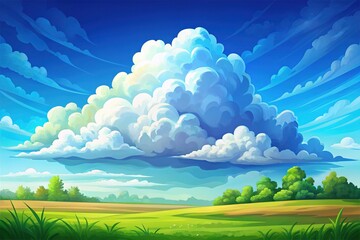 Playful cartoon cloud against a vibrant blue sky, set in a vector landscape, perfect for creative design projects and illustrating lighthearted themes.