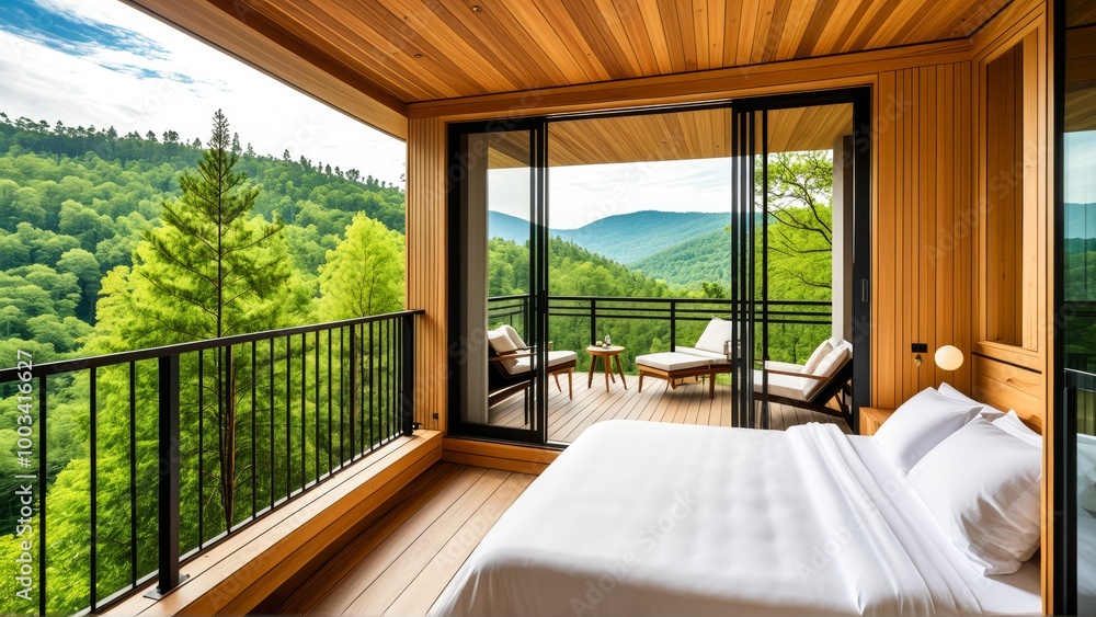 Poster balcony terrace with forest view and railing access to open nature