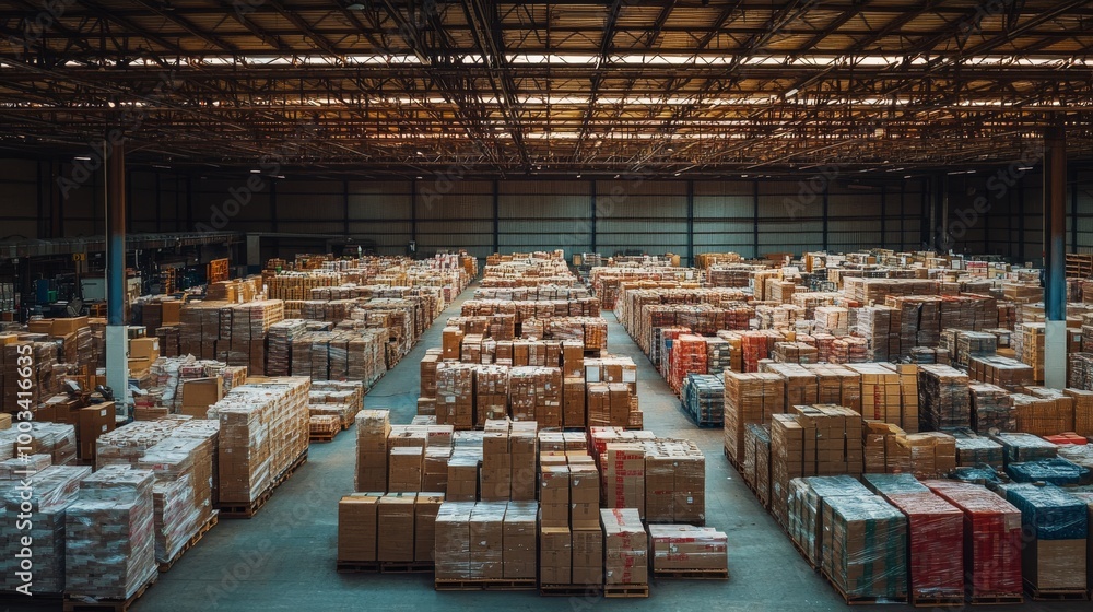 Poster a vast warehouse filled with neatly arranged stacks of boxes, illuminated by overhead lights, showca