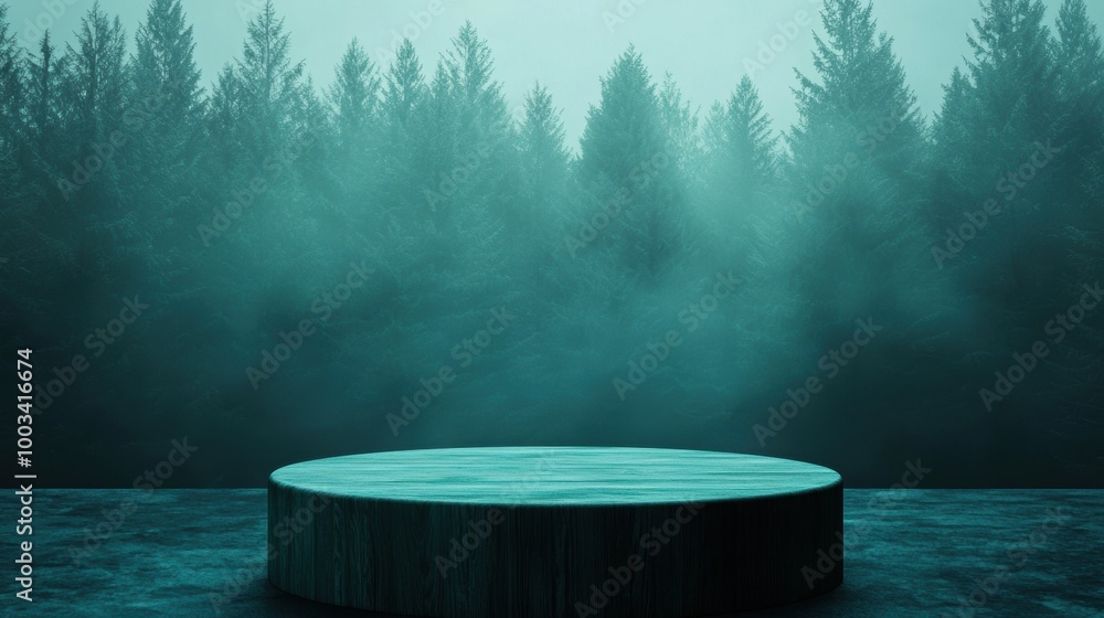 Aufkleber misty forest backdrop with a circular platform in the foreground