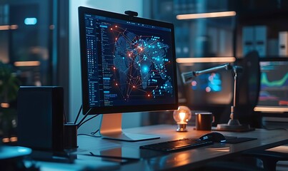 Naklejka premium Modern Workspace with Computer Displaying AI Algorithms and Neural Networks