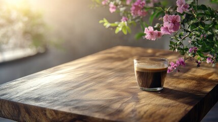 Coffee Cup on Wooden Table with Sunlight and Flowers